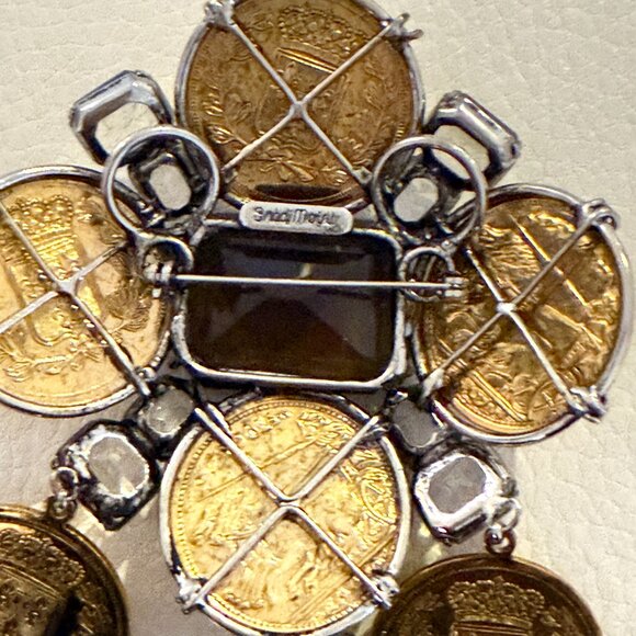VINTAGE IRADJ MOINI COIN NECKLACE BROOCH ANTIQUE GOLD PLATED SMOKY QUARTZ - Picture 8 of 9